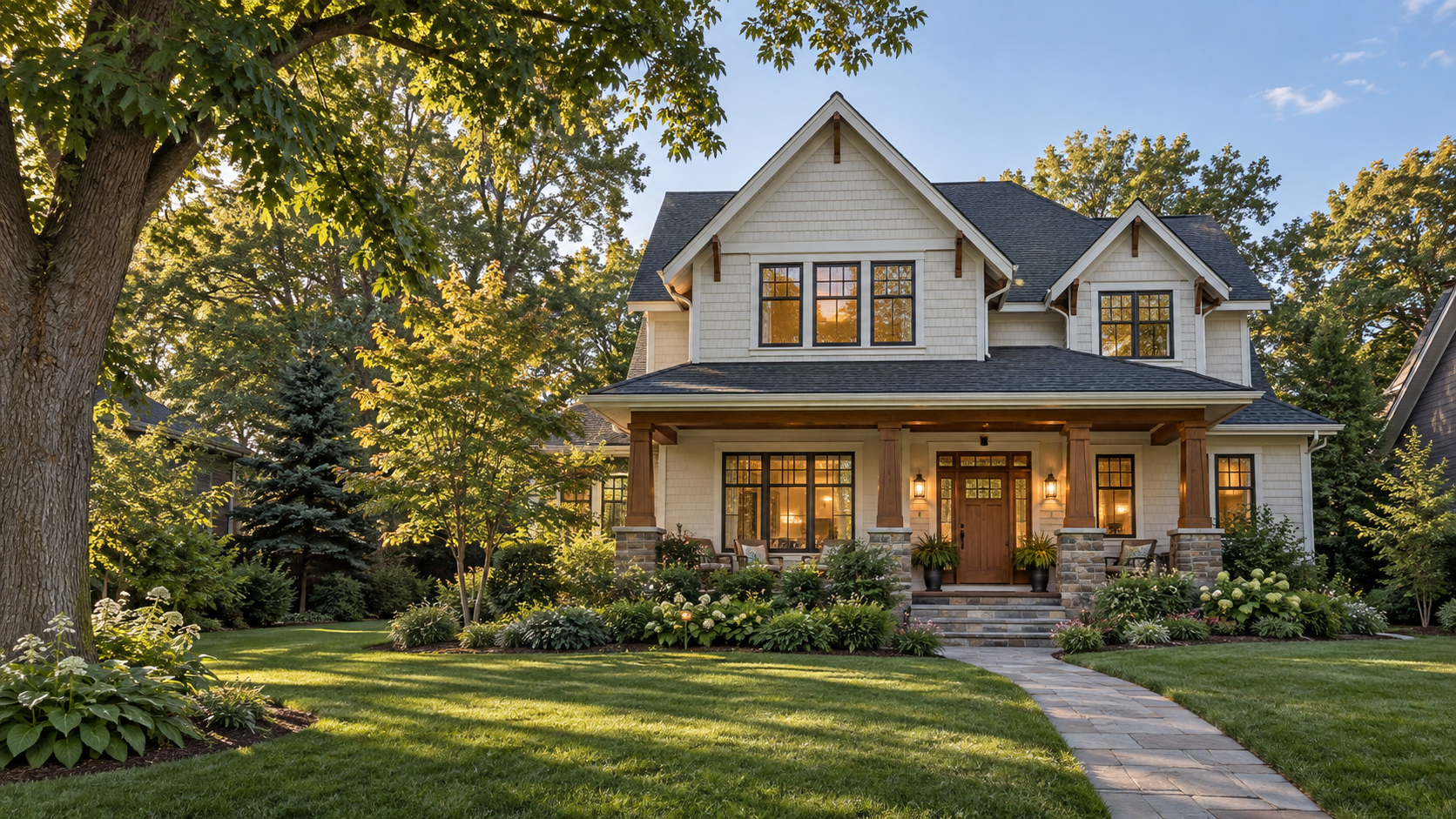 Craftsman-style home with a welcoming porch and mature trees, AI-generated design inspiration