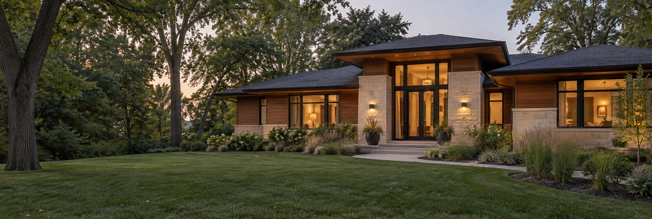 Modern prairie-style home with warm cedar siding, limestone, and expansive windows; AI-generated illustration